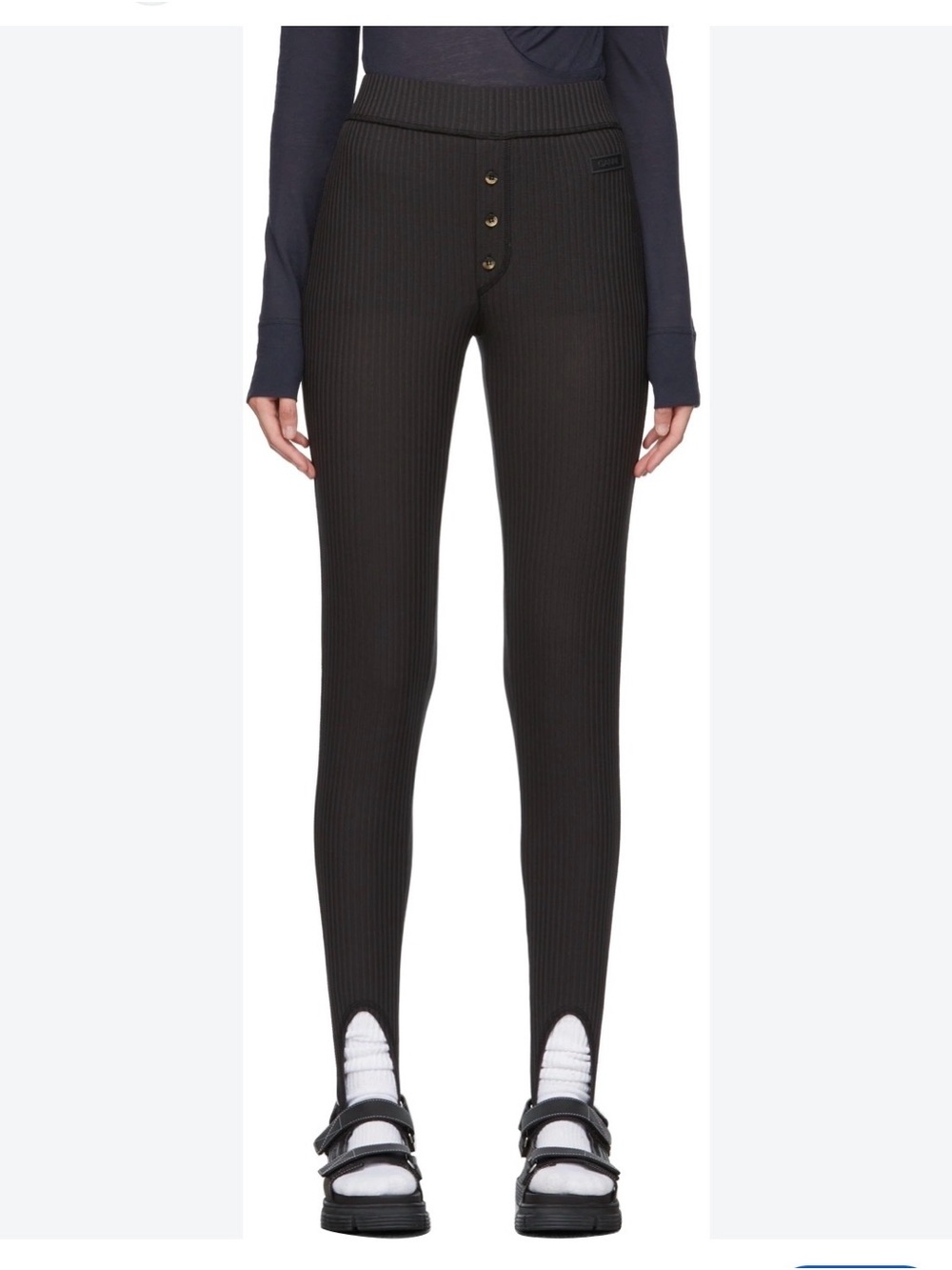 Ganni Women's stirrup Ribbed Black High-Waist Button-Front Leggings size XS